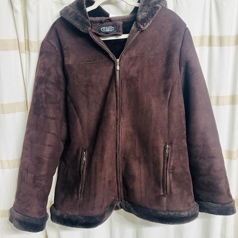 BGSD Women Brown Thick Y2K Mob Wife Faux Fur Coat w/Hood & Soft Suede Texture XL